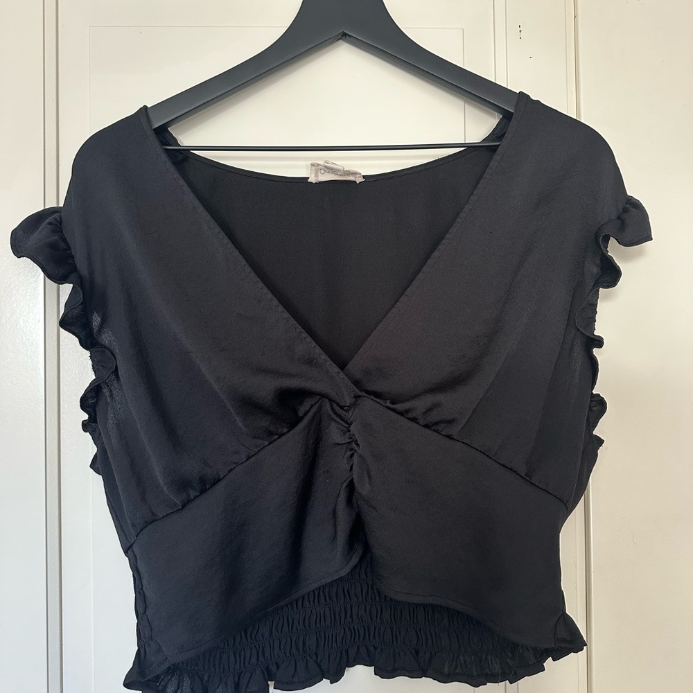 Black Flutter Sleeve Crop Top with Tie Front